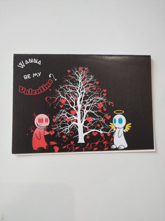 Postal Wanna Be My Valentine? Ángel y demonio
